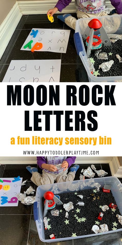 Moon Rock Letters is a super fun and easy to create space themed letter matching activity and sensory bin for toddlers and preschoolers. Rock Letters, Space Sensory Bin, Sensory Bin For Toddlers, Planets Activities, Space Theme Preschool, Space Week, Space Activities For Kids, Moon Activities, Space Lessons