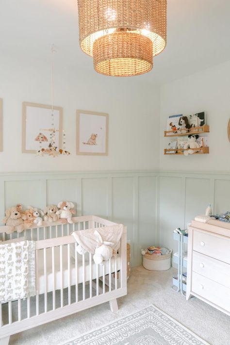 Puppy Themed Nursery | Cozy Neutral Colors - Simply Taralynn | Food & Lifestyle Blog Best Nursery Colors, Dog Themed Nursery Gender Neutral, Gender Neutral Colorful Nursery, Puppy Theme Nursery, Dog Theme Nursery, Puppy Nursery Ideas, Nursery Board And Batten, Pastel Nursery Ideas, Nursery Panelling