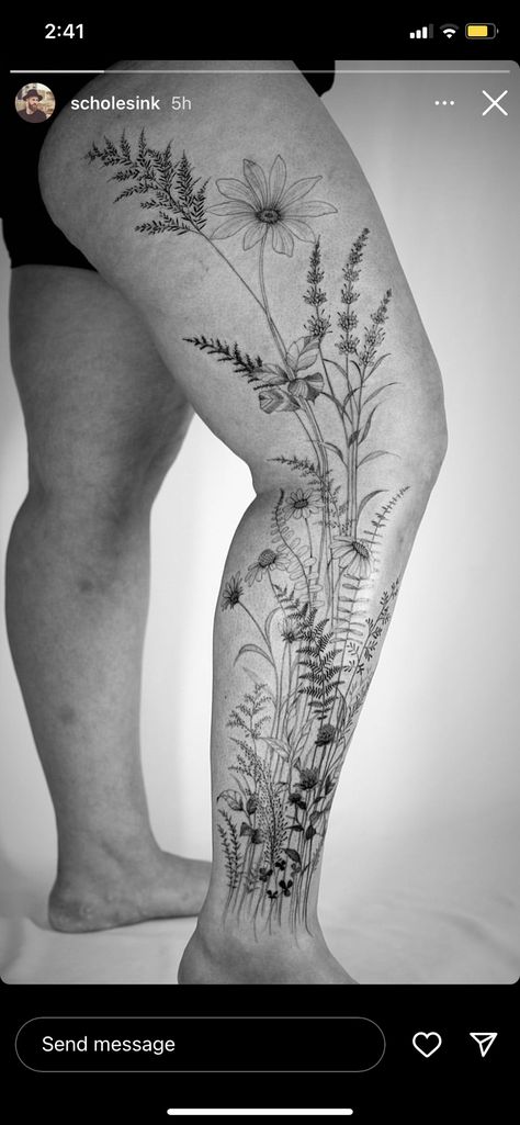 Flower Tattoo On Lower Leg, Wildflowers Leg Tattoo, Daisy Leg Tattoo, Wildflower Calf Tattoo, Wildflower Foot Tattoo, Wildflower Leg Sleeve Tattoo, Wildflower Leg Tattoo, Nature Leg Sleeve, Botanical Leg Tattoo