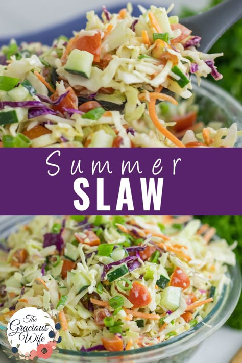 Summer Coleslaw Recipe With Tomatoes, Slaw With Tomatoes, Refrigerator Slaw Recipe, Cucumber Coleslaw Recipe, Summer Slaw Salad, Veggie Coleslaw Slaw Recipes, Bbq Slaw Recipe Vinegar, Coleslaw With Tomatoes Recipe, Coleslaw With Tomatoes