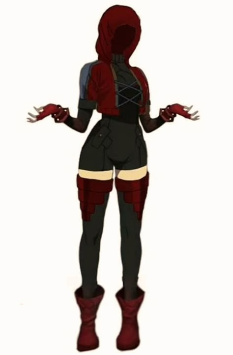 Hooded Superhero Suit, Villian Outfits For Women Anime, Red And Black Hero Suit, Red Villian Outfit, Superhero Costumes Female Design, Black And Red Superhero Suit Female, Red And Black Superhero Suit, Red Hero Suit, Villian Outfits For Women Drawing