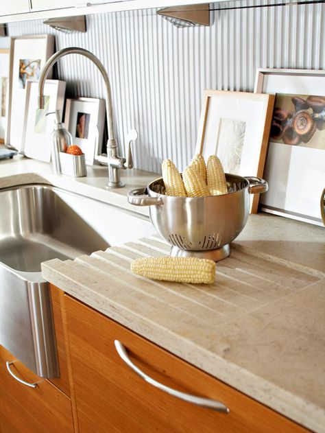 Solid-Surfacing: Pros & Cons-countertop with a built in drain board opens up counter space. Clean Countertops, Countertops Ideas, Types Of Countertops, Outdoor Kitchen Countertops, Kitchen Countertop Materials, Solid Surface Countertops, Tile Countertops, Diy Countertops, Bathroom Countertops