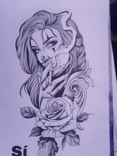 Chicana Clown Tattoo, Chicana Aesthetic Tattoos, Female Clown Tattoo, Female Outline Tattoo, Tattoo Ideas Female Stencil, Jade Tattoo, Chicanas Tattoo, Pin Up Girl Tattoo, Punk Tattoo