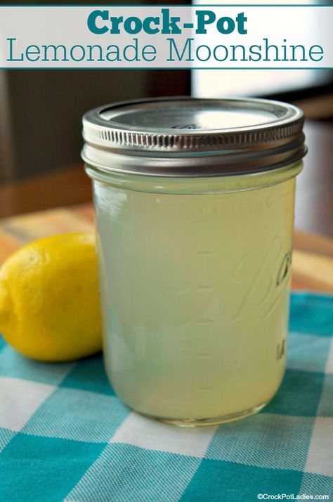 Crock-Pot Lemonade Moonshine - A great adult beverage made in the slow cooker this recipe for Crock-Pot Lemonade Moonshine is simple & easy to make. A great crowd pleaser! [Low Calorie, Low Carb, Low Cholesterol, Low Fat, Low Sodium, Low Sugar, Vegan, Vegetarian & 4 Weight Watchers SmartPoints per shot] #CrockPotLadies #CrockPot #SlowCooker #Moonshine Low Carb Low Cholesterol, Lemonade Moonshine Recipe, Booze Recipes, Homemade Booze, Moonshine Recipe, Low Calorie Low Carb, Homemade Alcohol, Homemade Liquor, Liquor Recipes