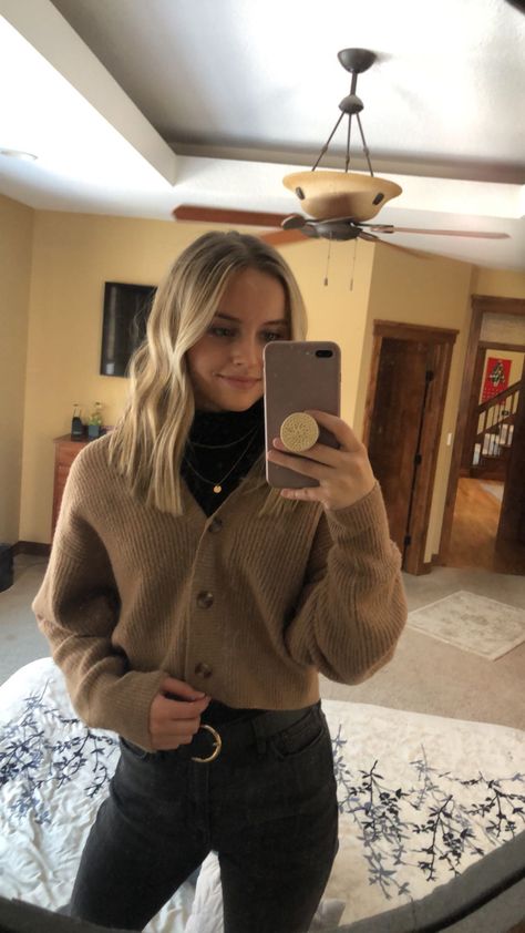 Outfit Ideas With Black Turtleneck, Leather Pants Cardigan Outfit, Black Turtleneck Cardigan Outfit, Dressier Winter Outfits, Work Turtleneck Outfit, Black Belt Outfit Aesthetic, Leather Pants With Cardigan Outfit, Cardigan Leather Pants, Brown Shirt Winter Outfit