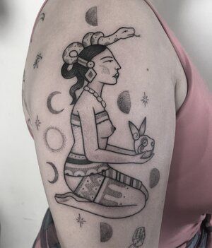 Black ♥︎2020 — ✦ℝ⊙⋈⇡✦ Satni Feminine Mayan Tattoos, Traditional Mayan Tattoos, Mayan Princess Tattoo, Women Aztec Tattoo, Mayan Tattoos For Women Goddesses, Ixchel Goddess Tattoo, Mayan Goddess Tattoo, Mexican Goddess Tattoo, Hispanic Culture Tattoos