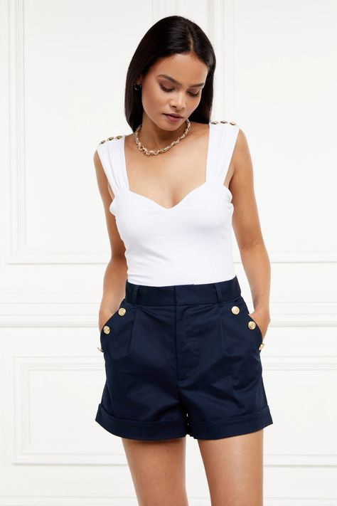 Holland Cooper | Amoria Ink Navy Tailored Shorts | Spring and Summer Shorts Rise Gold, Tweed Outfit, Holland Cooper, Chino Joggers, High Waisted Flare Jeans, Sailor Fashion, Tailored Shorts, High Waisted Flares, Chino Jeans