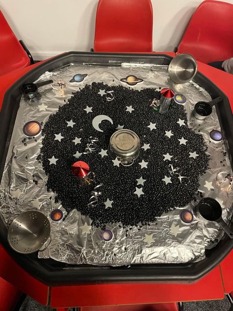 Space Crafts Eyfs, Early Years Space Activities, Space Sensory Table, Sensory Space Activities, Space Themed Activities For Toddlers, Space Activity For Toddlers, Space Investigation Eyfs, Space Ideas For Preschool, Space Tuff Tray Ideas Eyfs