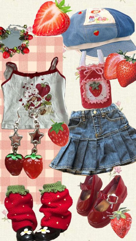 Juminocore Clothes, Strawberry Aesthetic Outfit, Juminocore Outfit, Fruit Outfit, Kidcore Fashion, Fruit Clothing, Strawberry Outfit, Foodie Outfit, Dream Outfits