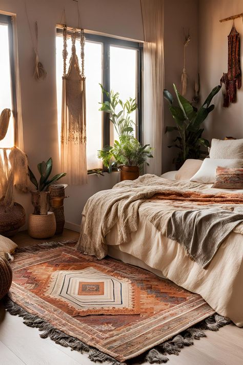 Boho earthy toned bedroom with macramé hangings, sage green plants, terracotta rug, and cream bedding creating a cozy atmosphere Layered Textiles, Bedroom Atmosphere, Bedroom Ideas Cozy, Terracotta Rug, Inviting Bedroom, Boho Bedroom Design, Cream Bedding, Boho Bedroom Ideas, Chic Bohemian