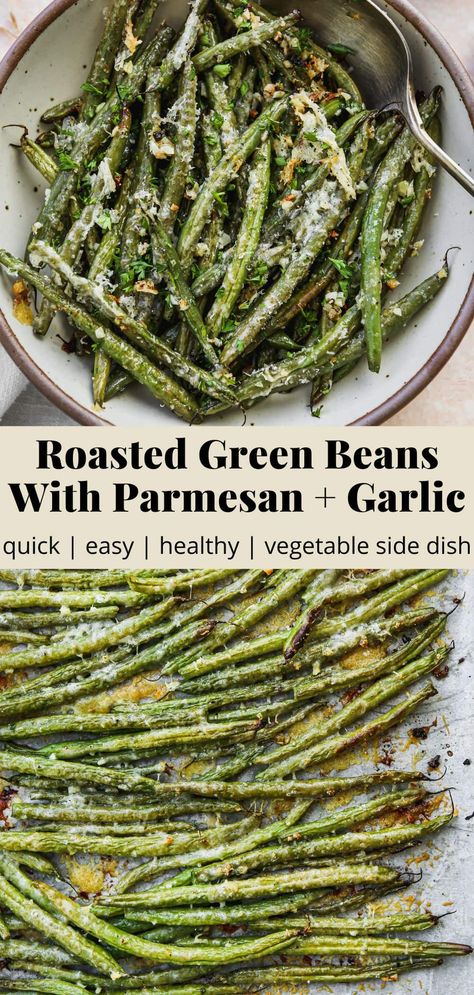 Oven-Roasted Green Beans With Garlic & Parmesan | Walder Wellness Garlic Parmesan Green Beans, Green Beans Roasted, Fresh Green Bean Recipes, Green Beans With Garlic, Oven Roasted Green Beans, Vegetable Side Dishes Healthy, Green Beans Side Dish, Parmesan Green Beans, Cooking Green Beans