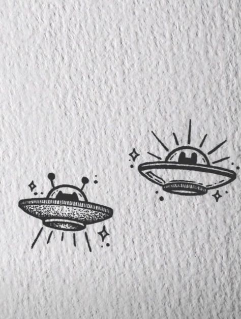 Fun Sibling Tattoos, Tiny Ufo Tattoo, Tiny Alien Tattoo, Small Ufo Tattoo, Alien Flash Tattoo, Matching Alien Tattoos, Tiny Matching Tattoos Bff, Cute Alien Tattoo, Small Alien Tattoo