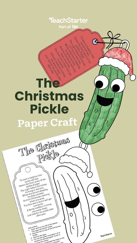 Start a new Christmas tradition with a fun Christmas pickle ornament and poem! Gather around teacher friends! This year, we want to teach you about one of the quirkiest and most delightful holiday traditions: the Christmas Pickle! You might be scratching your head, thinking, “Why on Earth would anyone put a pickle on their Christmas tree?” We will unravel this strange concept for you and give you the lowdown on this dill-ightful Christmas tradition! Pickle Ornament Tradition Printable, Irish Christmas Crafts For Kids, Pickle Crafts Preschool, Diy Pickle Ornament, Christmas Pickle Printable, Pickle Ornament Craft, Pickle Ornament Tradition, Christmas In Germany Craft, German Christmas Crafts For Kids