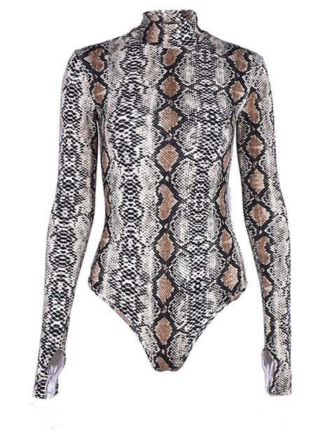 Lauwee Snakeskin Bodysuit Long Sleeve Bodysuit Women, Casual Bodysuit, Turtleneck Bodysuit, Outfits Streetwear, Bodysuit Fashion, Long Sleeve Jumpsuit, Print Bodysuit, Summer Outfits Women, Long Sleeve Bodysuit