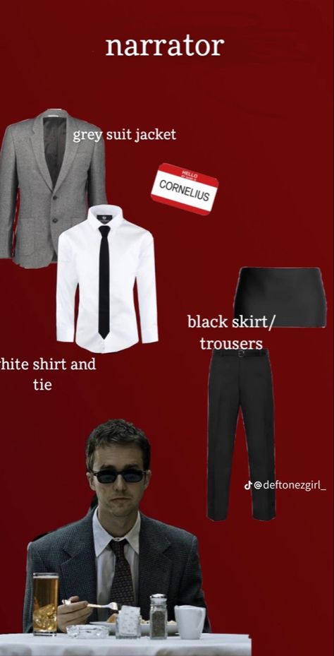 The Narrator Halloween Costume, The Narrator Costume, Tyler Durden And Narrator Costume, Halloween Costume From Movies, Narrator Outfit, Halloween Costumes Film Characters, Narrator Costume, Halloween Costumes From Movies, Horror Halloween Costumes