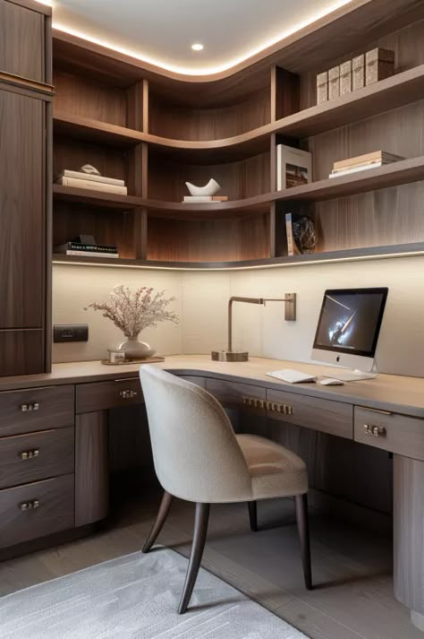 Compact Corner Desk Designed Corner Desk Built In Bookshelves, Home Office Corner Desk Ideas, Corner Built In Desk, Built In Desk And Shelves Office, Built In Corner Desk, Corner Study Desk, Corner Desk Ideas, Built In Corner Cabinet, Built In Desk And Shelves