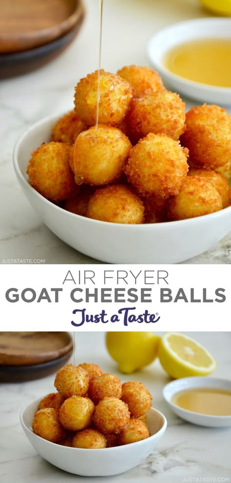 Top image: A small bowl piled high with Air Fryer Goat Cheese Balls that are being drizzled with warm honey. Bottom image: A small white bowl containing fried goat cheese bites. Cheese Balls Air Fryer, Air Fryer Goat Cheese, Fried Goat Cheese Balls, Goat Cheese Balls, Goat Milk Recipes, Goat Recipes, Goat Cheese Appetizer, Fried Goat Cheese, Hot Cheese