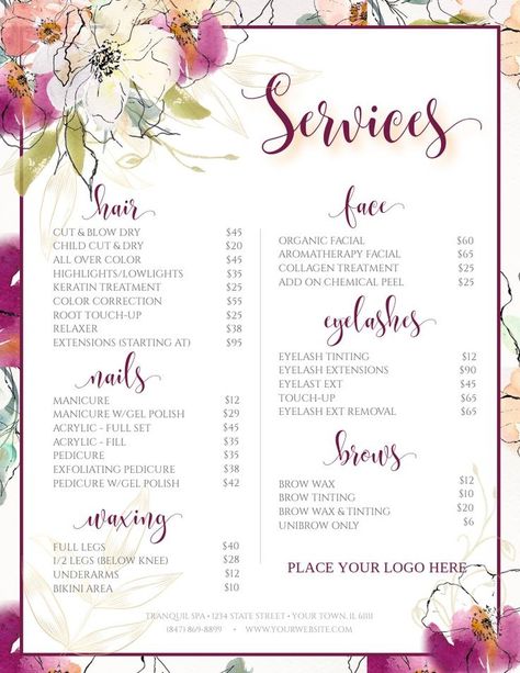 Spa Nails Hair Salon Services Template | Salon Services, Salon Menu inside Best Salon Menu Templates Salon Services Menu Ideas, Menu Spa, Hair Salon Business, Salon Price List, Spa Menu, Custom Menu, Eyelash Tinting, Menu Designs, Spa Ideas