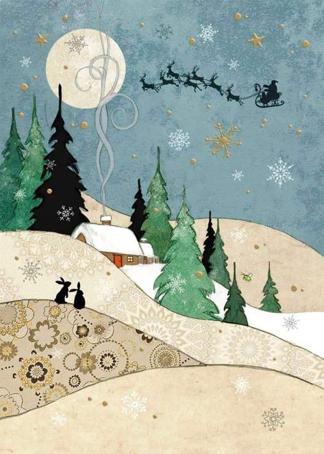 Art by Jane Crowther Fabric Landscapes, Foil Christmas Cards, Winter Greetings, Xmas Art, Fabric Books, Winter Cottage, Bug Art, Fabric Postcards, Christmas Card Art