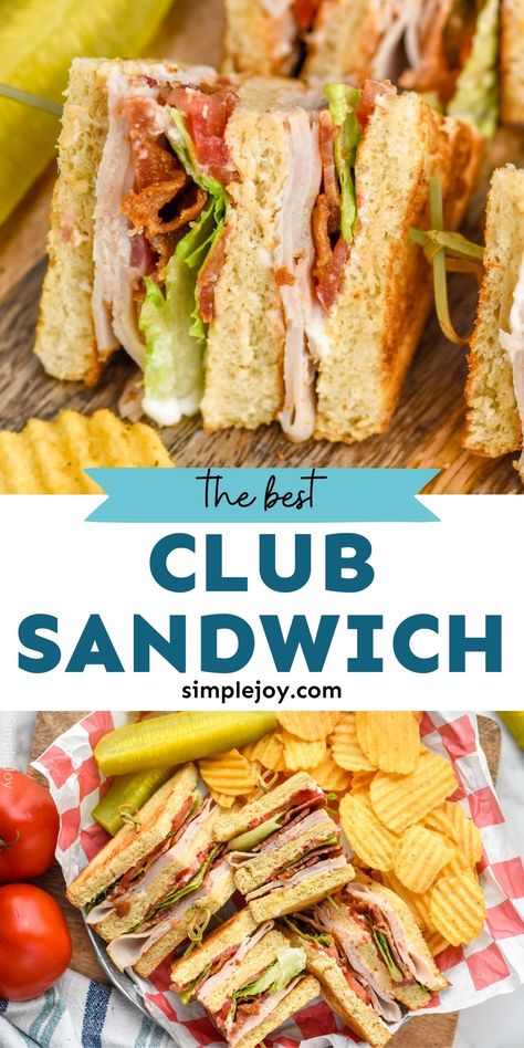 You just can't beat the classic Club Sandwich! This recipe is so easy to make, but will absolutely hit the spot! Club Sandwich For Party, Ultimate Club Sandwich, American Club Sandwich, Cali Club Sandwich, Hoagie Sandwiches Chicken, Mini Club Sandwiches For Parties, Easy Club Sandwich Recipes, Sandwich Saturday Ideas, B L T Sandwiches