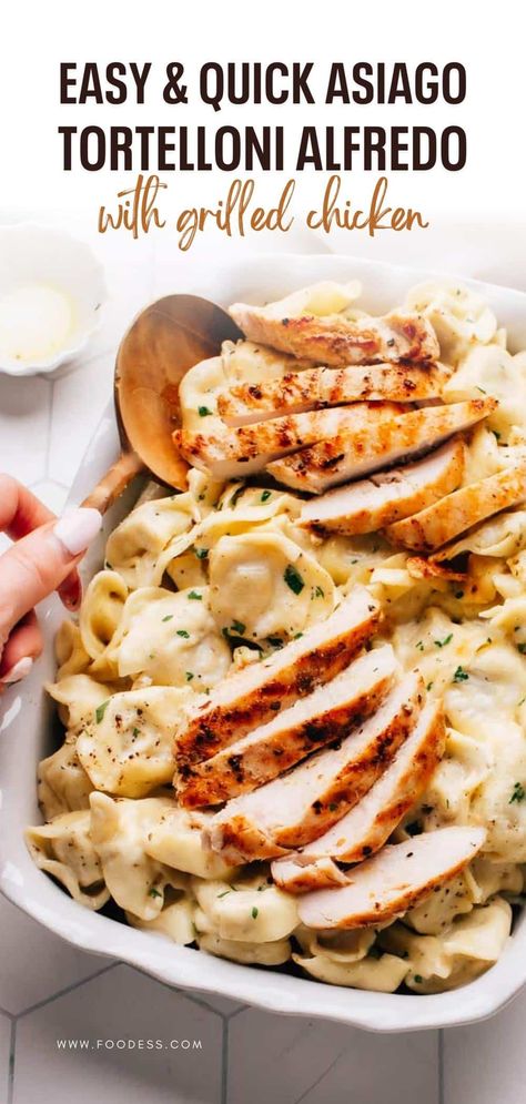 This Asiago Tortelloni Alfredo with Grilled Chicken recipe is a creamy dream come true! Plump cheese-stuffed tortelloni is tossed in a rich, indulgent Alfredo sauce made with heavy cream, butter, and Asiago cheese, resulting in a comforting and satisfying Italian pasta dish. Skip the baking with this Olive Garden dupe that features a quick spice rub and store-bought tortelloni. It is perfect for quick weeknight dinners or special occasions. Find the recipe and video tutorial on my blog now! Boom Boom Shrimp, Tortellini Alfredo, Grilled Chicken Recipe, Goat Cheese Pasta, Pumpkin Mac And Cheese, Filled Pasta, Italian Pasta Dishes, Asiago Cheese, Cream Butter