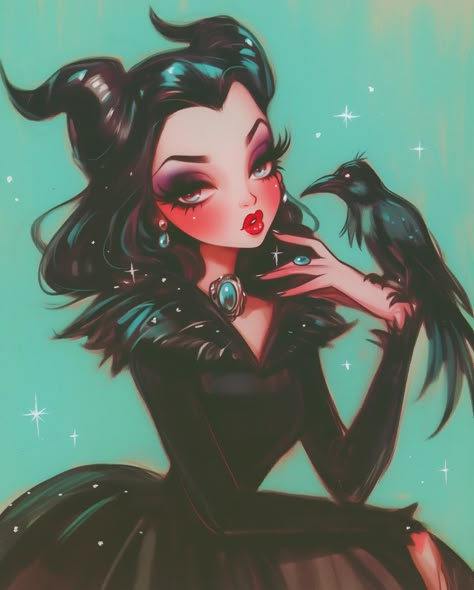 🐦‍⬛🩵🖤✨ Miss Fluff Art, Creepy Cute Art, Rockabilly Artwork, Goth Disney, Vintage Halloween Cards, Alternative Disney Princesses, Disney Pixar Characters, Alternative Disney, Nostalgic Art