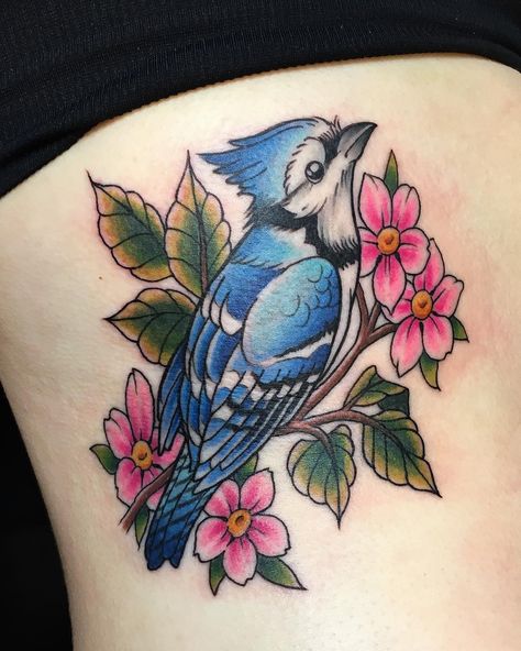 Blue jay tattoo with flowers Disney Blue Bird Tattoo, American Traditional Blue Jay Tattoo, Scrub Jay Tattoo, Blue Jay Tattoo Simple, Blue Floral Tattoo, Bluejay Tattoo, Bluejay Bird, Honey Tattoo, Blue Jay Tattoo