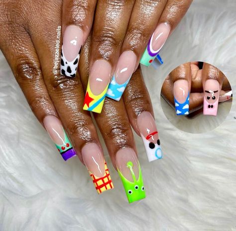 Brats Nail Design, You Story Nails, Toy Story Inspired Nails, Toy Story Nail Designs, Pixar Nails Acrylic, Buzz Lightyear Nails, Universal Studios Nail Ideas, Cool Nails Acrylic, Bluey Nail Ideas