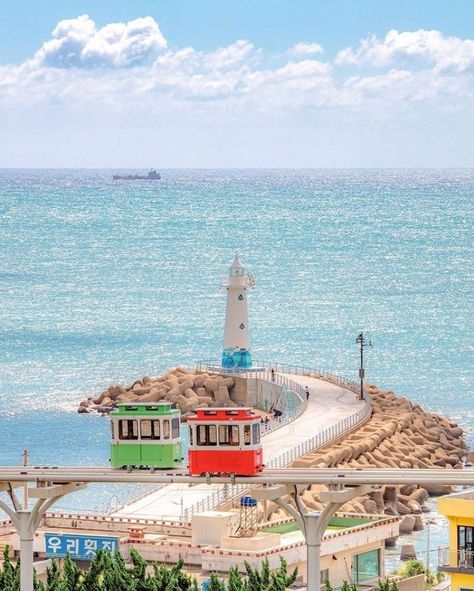 Dream destinations South Korea - Busan Cheongsapo Lighthouse (부산청사포등대). The white (and the red twin) lighthouse is the well-known landmark of Cheongsapo and a favourite sunrise spot...~.~ Korea Tourist Spots, Busan Travel, South Korea Photography, Busan Korea, Busan South Korea, South Korea Seoul, South Korea Travel, Jeju Island, Korea Travel