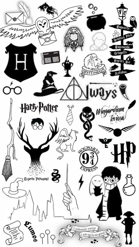 Harry Potter symbols collage easy to draw black and white Draw Harry Potter, Harry Potter Drawings Easy, Journal Borders, Harry Potter Collage, Quidditch Pitch, Positivity Journal, Hagrids Hut, Hogwarts Quidditch, Harry Potter Symbols