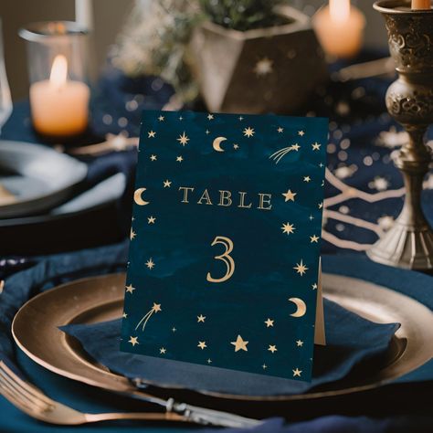 Navy Whimsical Gold Stars Moon Astronomy Wedding Starry Sky Wedding Theme, Starry Night Wedding Colors, Black Navy Wedding, Celestial Wedding Table Numbers, Wedding Moon Theme, Celestial Party Favors, Dark Blue Theme Wedding, Wedding Dark Blue Theme, Celestial Dessert Table