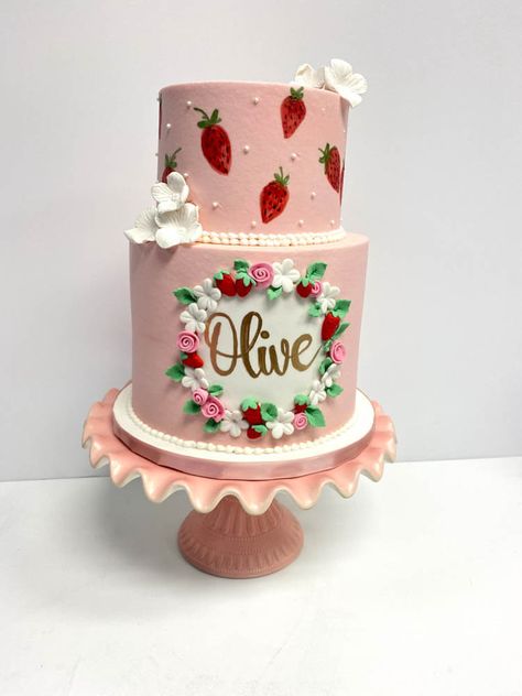 Strawberry Theme Cake, Strawberry Themed Cake, Strawberry Shortcake Birthday Cake, Strawberry Birthday Cake, Strawberry Shortcake Birthday, Strawberry Party, 2 Birthday Cake, First Birthday Shirts, Number Cakes