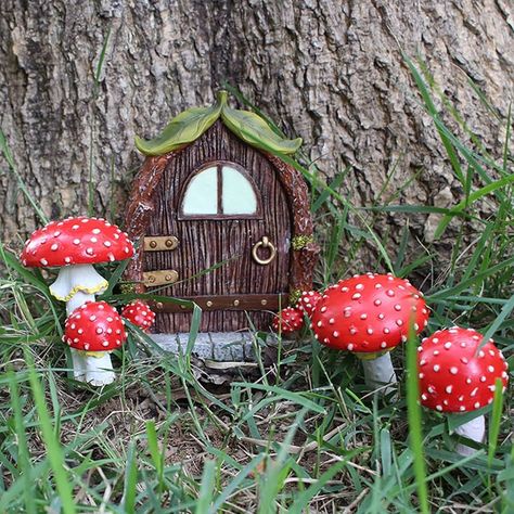 Amazon.com: Fairy Garden Door Statue, 5pcs/Set 4.5inch Resin Luminous Elf Door Figurines with, Glow in The Dark Miniature Fairy Gnome House Door for Tree Trunk : Patio, Lawn & Garden Fairy Garden Figurines, Upstairs Ideas, Fairy Garden Mushrooms, Fairy Garden Doors, Miniature Landscape, Garden Mushrooms, Mushroom Fairy, Fairy Garden Decor, Lawn Ornaments