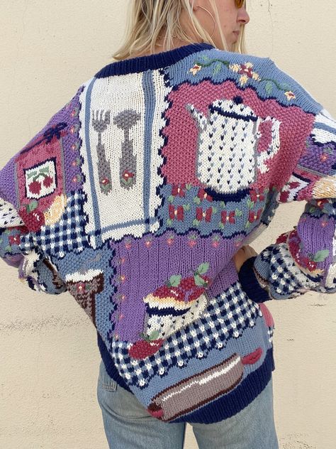 Unique Knit Sweater, Vintage Novelty Sweater, Funky Sweaters Aesthetic, Maximalist Crochet, Maximalist Sweater, Twee Clothes, Funky Sweaters, Fun Sweaters, Thick Knit Sweater