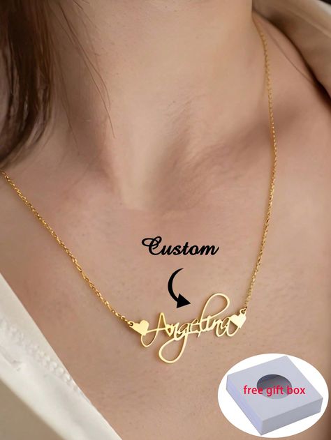 Romantic Custom Name Heart Necklaces For Women Girls Stainless Steel Personalized Any Name Pendant Cursive Font Gold Color Chain Choker Wedding Charm Jewelry Prom Accessories Exquisite Gift Stainless Steel Necklace    Stainless Steel     Customized Fashion Jewelry, size features are:Bust: ,Length: ,Sleeve Length: Word Necklace, Wedding Charm, Fashion Words, Gold Headpiece, Prom Accessories, Gold Hair Accessories, Color Dorado, Chain Choker, Metal Bracelets