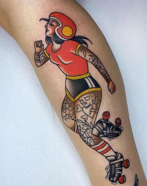 Roller Derby tattoo by marta_poison Roller Skate Tattoo, Derby Tattoo, Roller Tattoo, Roller Derby Tattoo, Pin Up Girl Tattoo, Poster Inspiration, Roller Derby, Roller Skate, Roller Skating