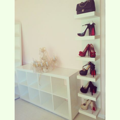 Shoe wall! #ikea Lack shelf Lack Shelf Ideas, Ikea Lack Shelf Ideas, Shoe Organizer Ikea, Ikea Lack Shelf, Open Closets, Ikea Wall Shelves, Shoes Organization, Ikea Cubes, Lack Shelf