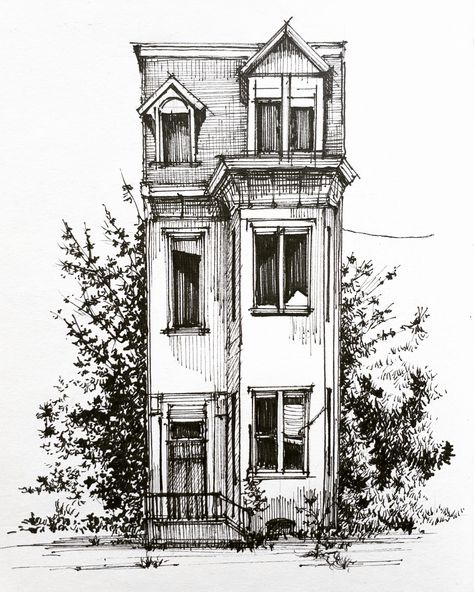 House Drawing - Pen & Ink, on ArtStation at https://www.artstation.com/artwork/LRwKK0 Hatching Drawing Building, Ink Art Buildings, Pen Drawings Of Buildings, Ink House Drawing, Pen Art Work Building, Ink And Pen Drawing, Pen Building Drawing, Ink Architecture Drawing, Pen Drawing Building