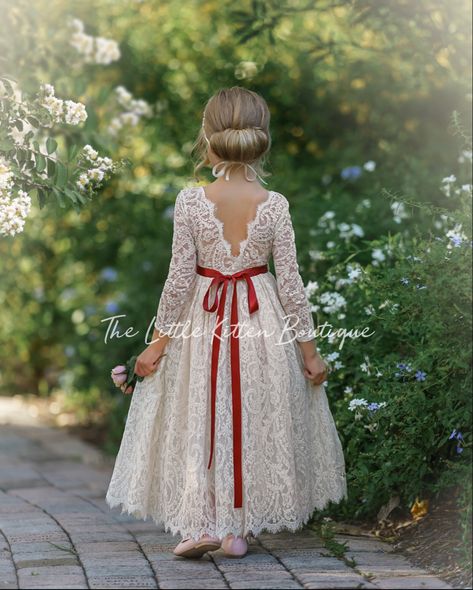 Welcome fall with our stunning ivory and white lace flower girl / special occassion dresses. Pictured is our Ivory lace dress, with Rust Satin Chain Sash and beaded hair piece. Our beautiful lace dress is also perfect for photoshoots and family portaits. #flowergirldress #wedding #weddings Bohemian Flower Girl Dress, Bohemian Flower Girl, Boho Flower Girl Dress, Rustic Flower Girl, Rustic Flower Girl Dress, Flower Wreath Hair, Lace Flower Girl Dress, Boho Flower Girl, Long Flower Girl Dresses