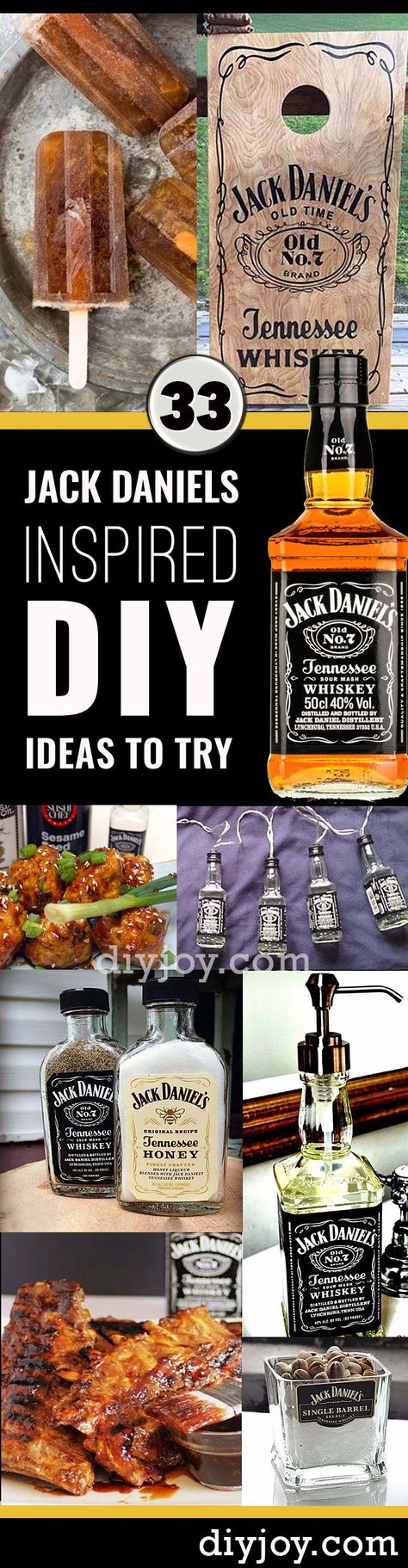 Fun DIY Ideas Made With Jack Daniels - Recipes, Projects and Crafts With The Bottle, Everything From Lamps and Decorations to Fudge and Cupcakes |    http://diyjoy.com/diy-projects-jack-daniels Jack Daniels Bottle Crafts, Festa Jack Daniels, Jack Daniels Recipes, Jack Daniels Party, Diy Whiskey, Jack Daniels Gifts, Whiskey Art, Fun Diy Ideas, Jack Daniels Bottle