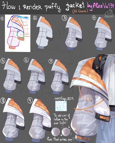 Cloth Folds, Jacket Drawing, Concept Art Tutorial, Digital Painting Techniques, Anime Drawing Books, Coloring Tutorial, Digital Painting Tutorials, Puffy Jacket, Drawing Clothes