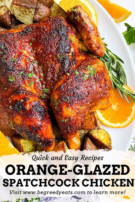 Spatchcock Chicken Marinade, Spatchcock Chicken Recipes, Chicken Spatchcock, Spatchcock Chicken, Whole Chicken Recipes, Orange Chicken Recipe, Savory Dinner, Whole Roasted Chicken, Orange Glaze