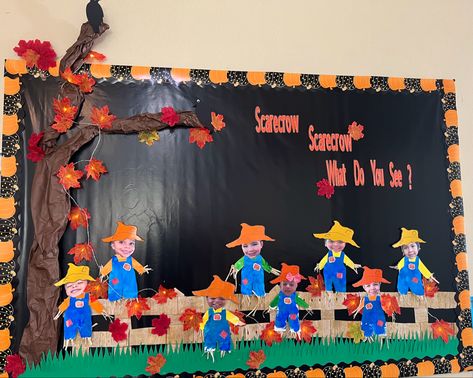 Scare Crow Bulletin Board Ideas, Scarecrow Door Decorations Classroom, Scarecrow Classroom Door Ideas, Scarecrow Door Classroom, Scarecrow Bulletin Board Ideas, Scarecrow Bulletin Board Ideas Preschool, Scarecrow Preschool, Scarecrow Bulletin Board, Scarecrow Outfits