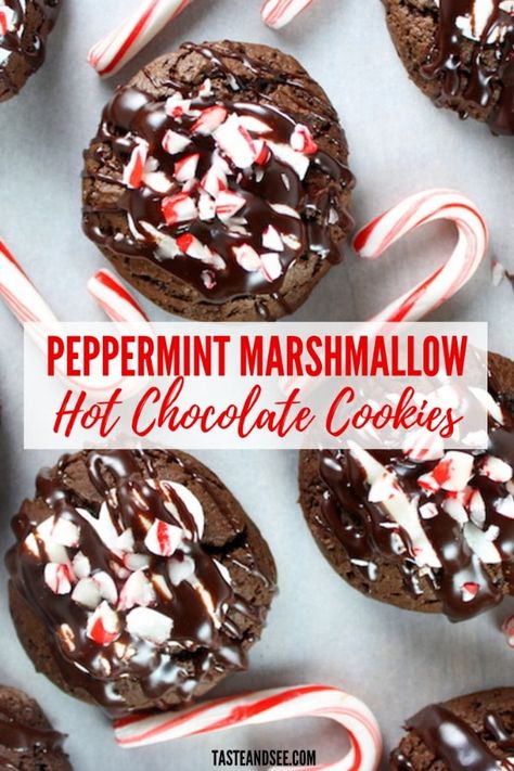 Marshmallow Hot Chocolate, Peppermint Dessert, Chocolate Marshmallow Cookies, Hot Cocoa Cookies, Peppermint Marshmallows, Marshmallow Cookies, Christmas Baking Recipes, Hot Chocolate Cookies, Peppermint Hot Chocolate