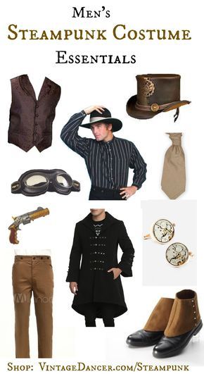 How to dress in a Victorian inspired Men's Steampunk Costume. 10 essential clothing items, shoes and accessories you should wear and where to buy them. Steampunk Costume Male, Steampunk Diy Costume, Steampunk Mens Costume, Mens Steampunk, Steampunk Costumes, Steampunk Vest, Steampunk Party, Steampunk Men, Mode Steampunk