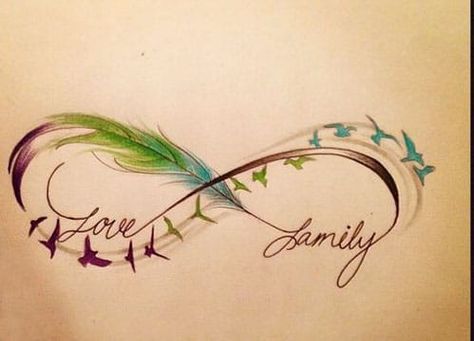 tatuajes de infinito con pluma a color Birds Tattoo Meaning, Infinity Tattoo With Feather, Infinity Tattoo Designs, Infinity Tattoos, Geniale Tattoos, Friendship Tattoos, Tattoo Meaning, Feather Tattoos, Family Tattoos