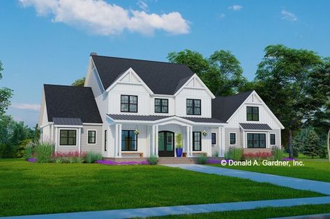 Farmhouse Style House Plan - 4 Beds 3.5 Baths 3935 Sq/Ft Plan #929-1168 - BuilderHousePlans.com 3 000 Sq Ft House Plans Two Story, 4000 Sq Ft House Plans Two Story, Symmetrical House Plans, Transitional Floor Plans, 3000 Sq Ft House Plans, 4000 Sq Ft House Plans, Roof Accents, Large Home Office, Fireplace Windows