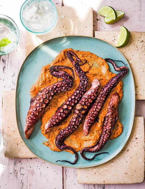 Try this simple, refreshing twist on the classic Spanish sauce. Pepped up with chilli and plenty of lime, it works beautifully with the buttery-sweet charred octopus Sauce For Octopus, Spanish Octopus Recipe, Charred Octopus, Seafood Octopus, Spanish Sauce, Octopus Recipes, Grilled Fish Recipes, Romesco Sauce, Spring Menu