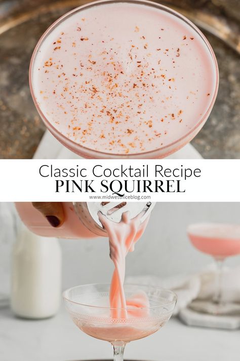 The Pink Squirrel is a pretty pink retro cocktail that is sweet and creamy that tastes like almond and cocoa. Served chilled and garnished with a sprinkle of freshly grated nutmeg it’s been a staple in the Midwest for decades! Fun Girly Cocktails, Almond Milk Cocktail, Pink Squirrel Cocktail, Fall Cosmopolitan Drink, Pink Christmas Cocktail, Wine Based Cocktails, Creamy Cocktail Recipes, Cheap Cocktail Recipes, Nutella Cocktail