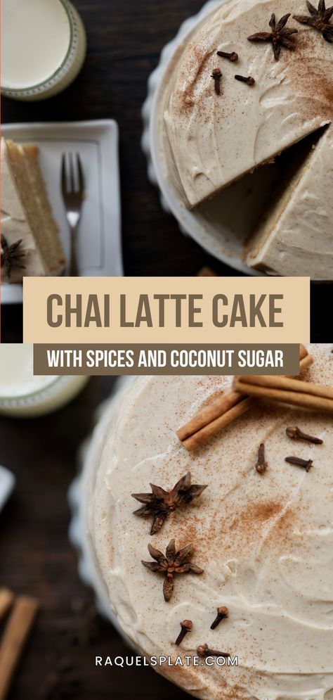 This chai latte cake has an intoxicating fusion of spices that feels like it’s wrapping your senses in the coziest blanket ever. If you're a chai latte lover I guarantee you'll fall in love with this cake. We use ginger, cardamom, cloves, cinnamon, nutmeg. This cake is refined sugar-free as we use coconut sugar or beet sugar. The cream cheese and spices frosting pairs perfectly here. Chai Latte Cake, Chai Cake Recipe, Spice Frosting, Chai Cake, Latte Cake, Dairy Free Cake, Milk Cake, Chai Latte, Tea Cakes